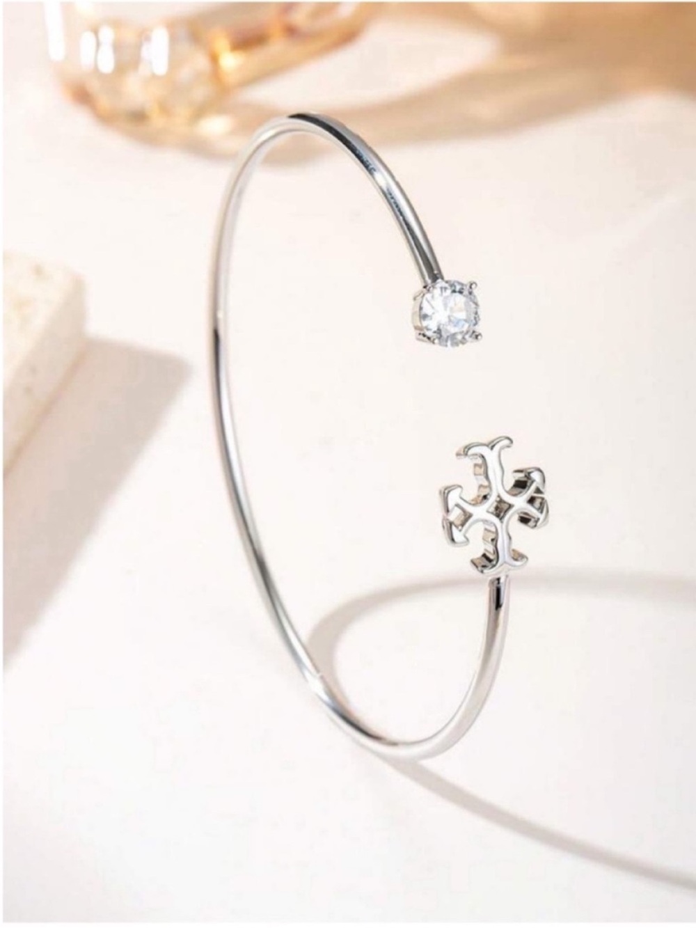 Tory Burch Silver Open Cuff Bracelet with Crystal  Logo-NEW!